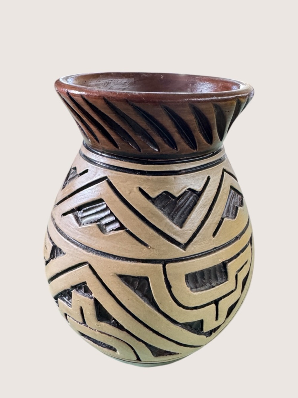 Hand Carved Mexican Redware Pottery Vase Tribal Marajoara Style Boho Decor - Picture 6 of 11